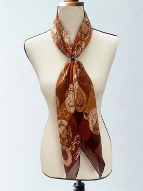 Authentic Paolo GUCCI 100% Silk Vintage Scarf Rust Gold Equestrian Chain Design